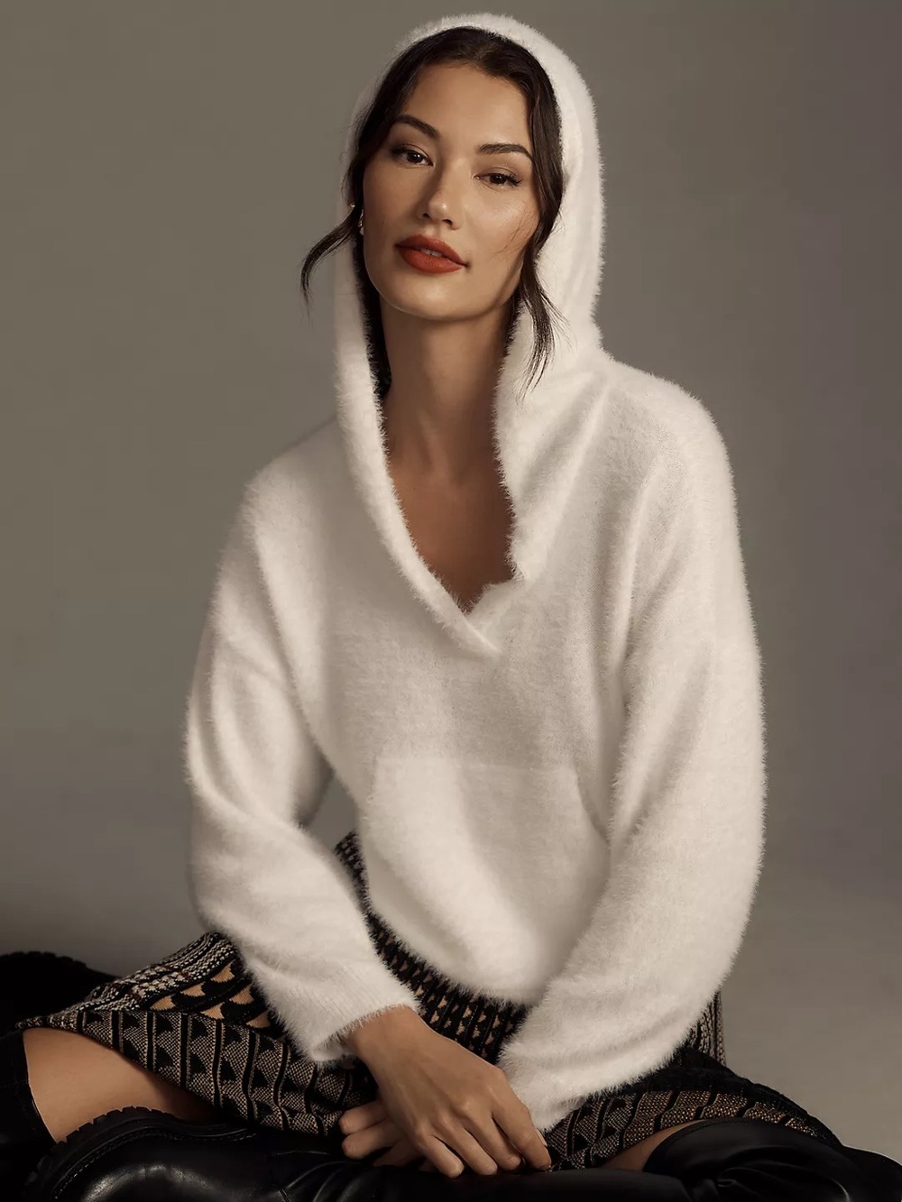 Pilcro Eyelash Hoodie Fuzzy V-Neck Sweater from Anthropology Large